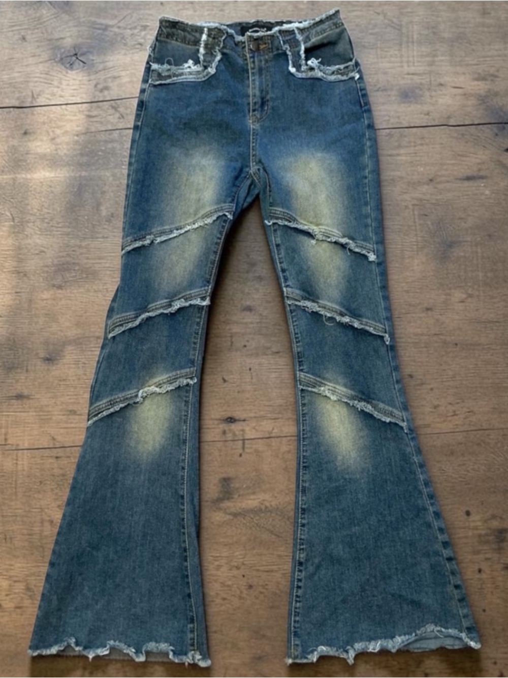 Between Us Frayed Panel Flare Jeans in Medium Blue